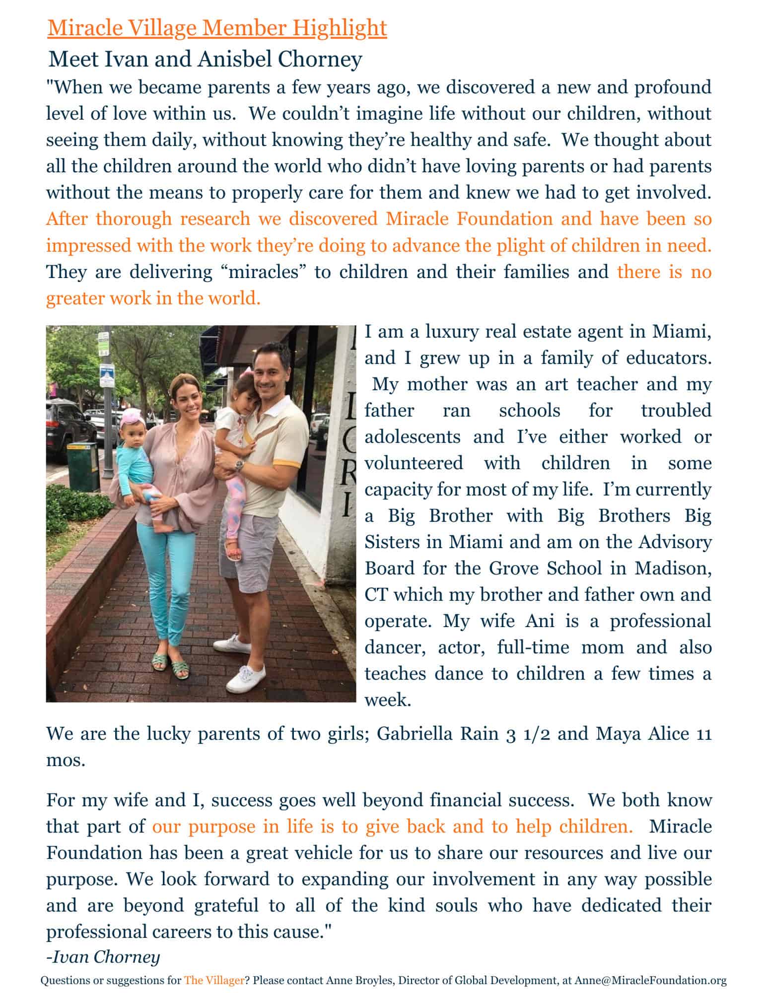 Miracle Village Member Highlight