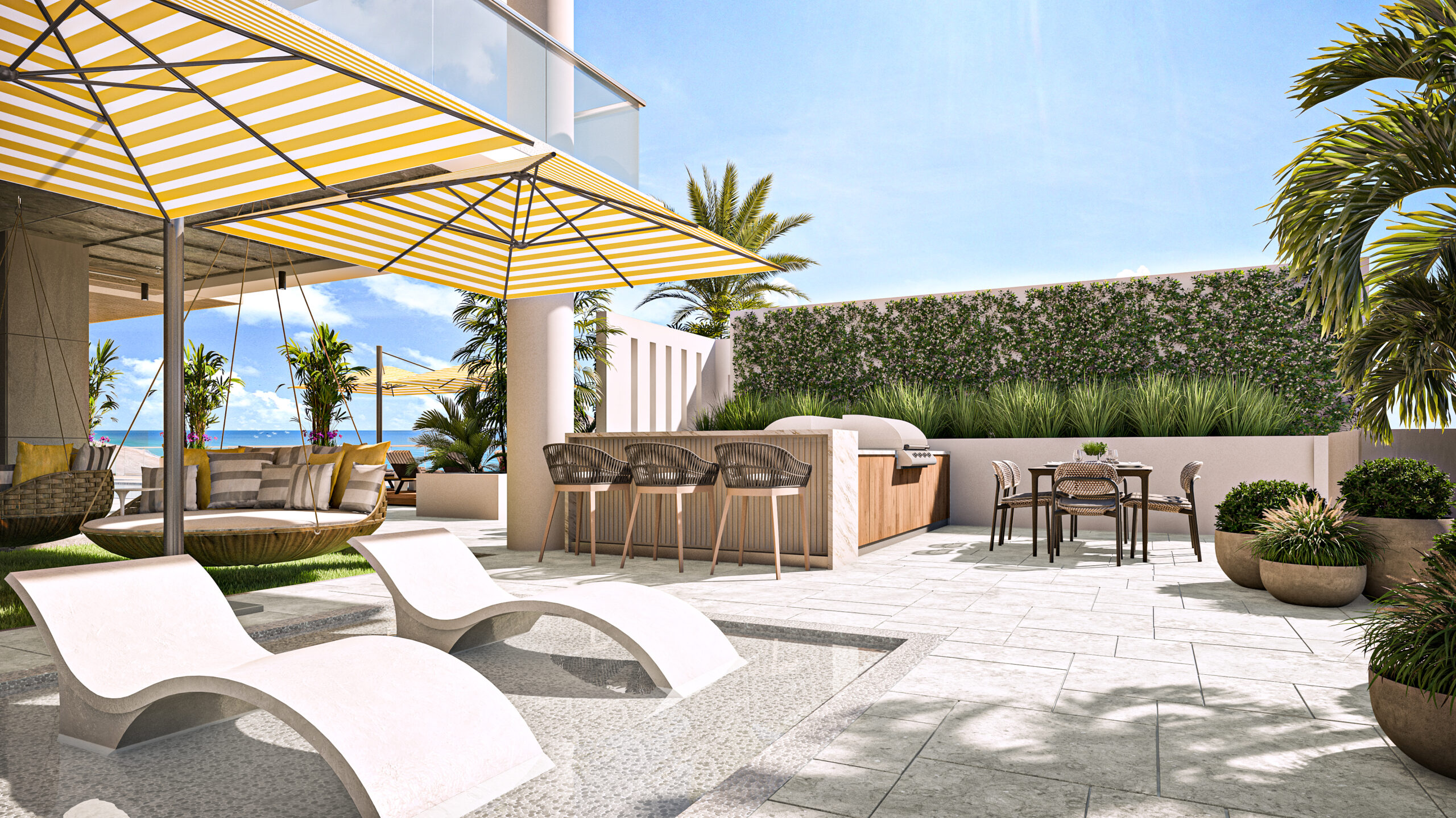 Resort‑style amenity space at Salato Pompano Beach Unit 405 oceanfront condo with lounge seating and ocean views