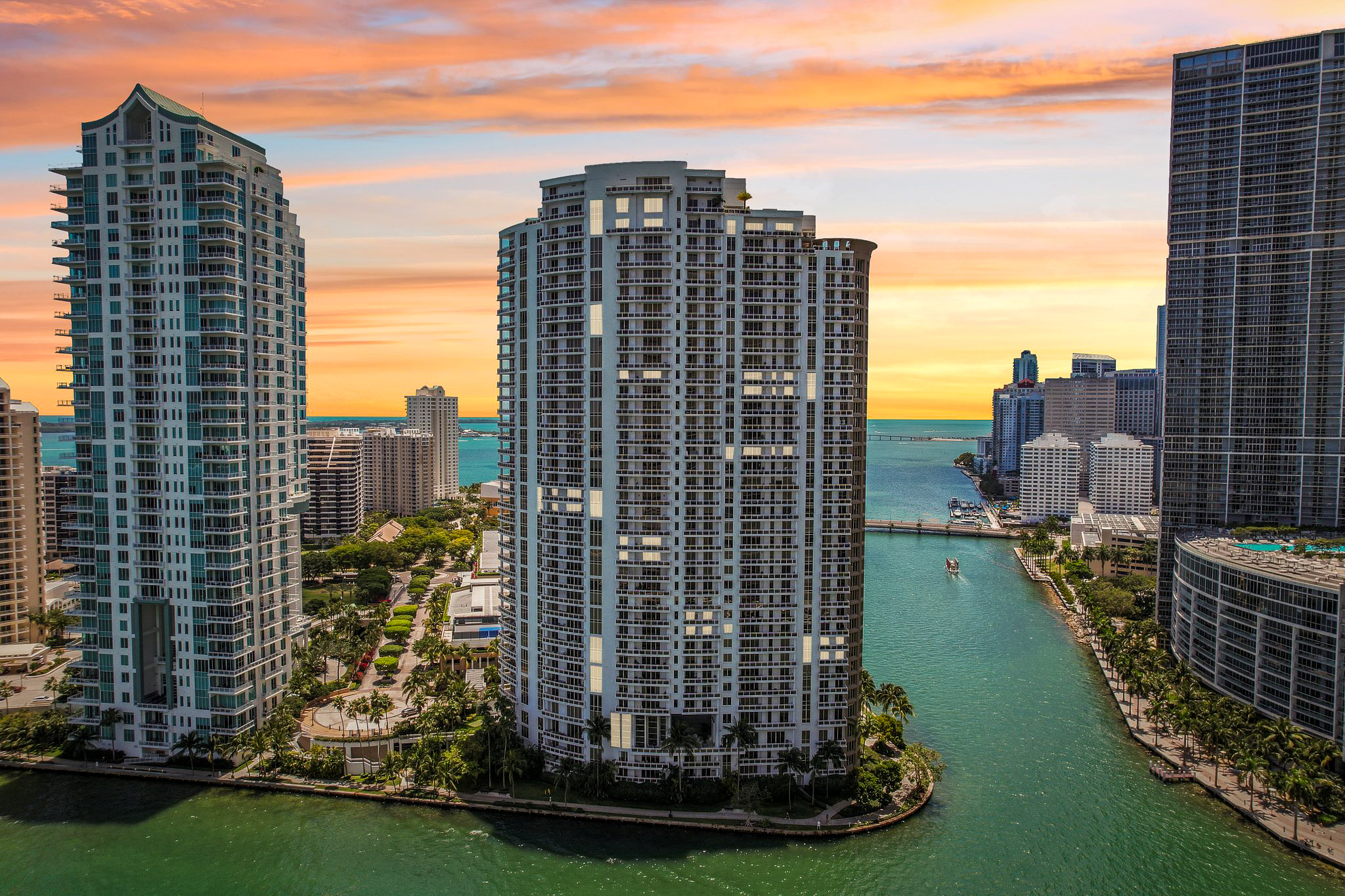 Carbonell condo building on Brickell Key Miami with direct bayfront location and waterfront promenade