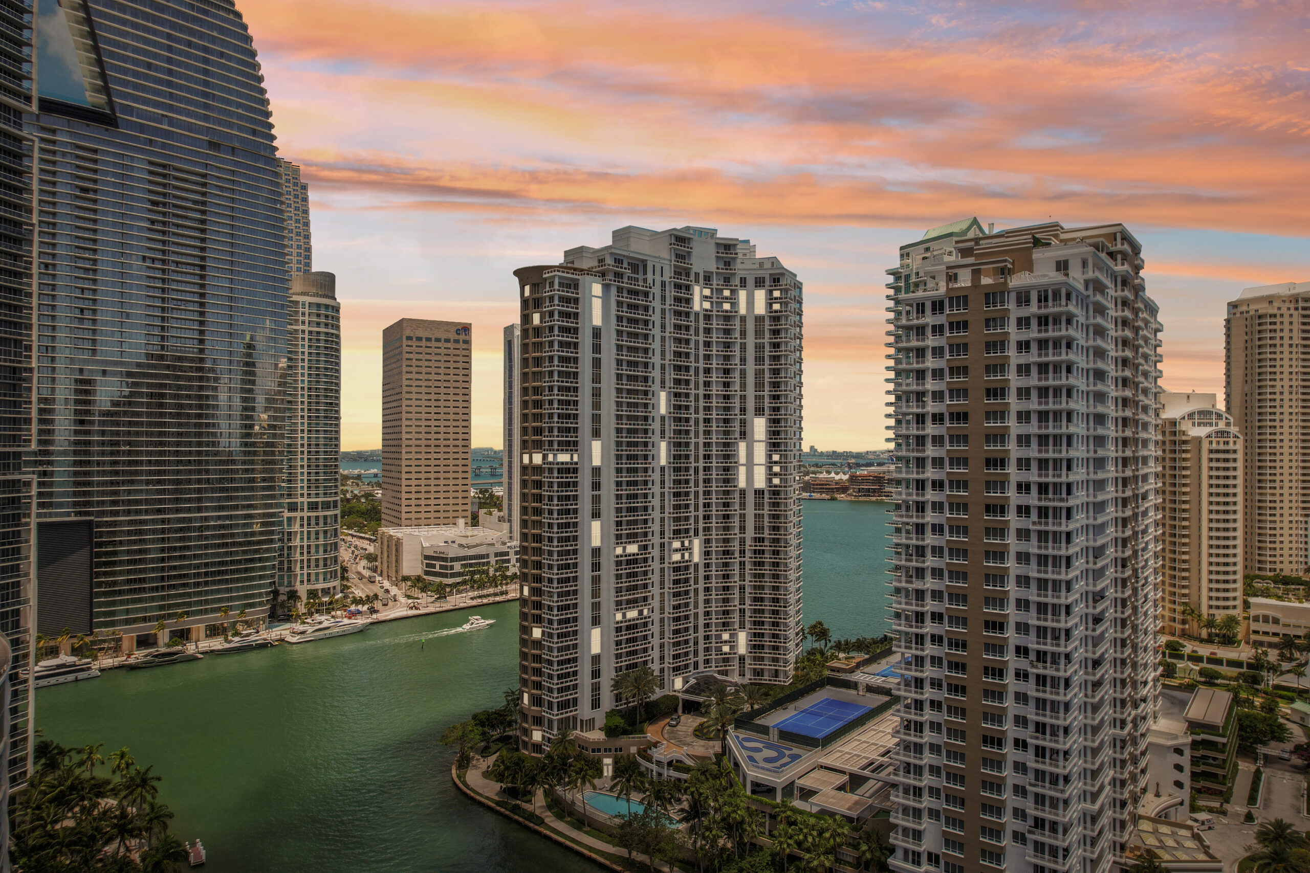Brickell Key Miami skyline and Biscayne Bay views from Carbonell condo near Carbonell unit 1009