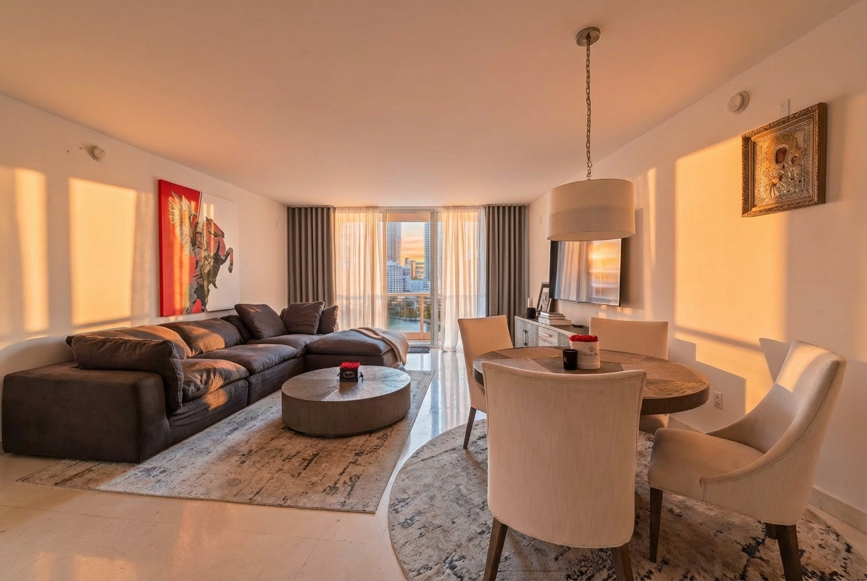 Living and dining area of Carbonell unit 1009 with bay views and sunset light in Brickell Key Miami