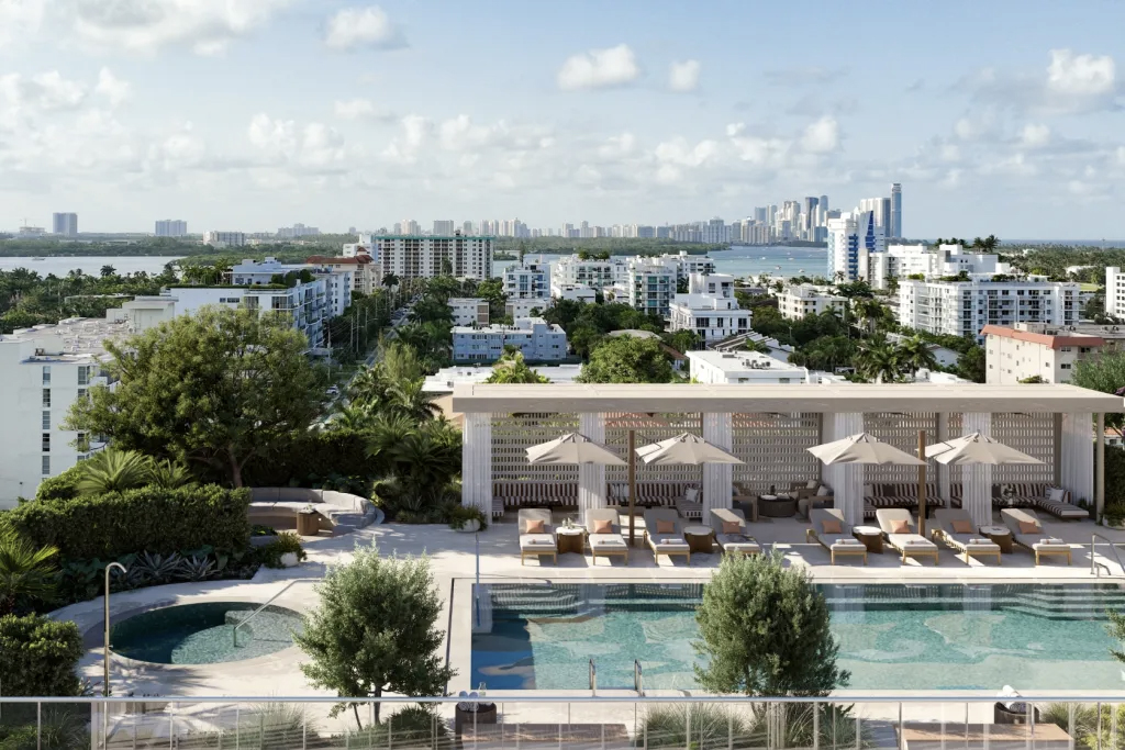 High end wellness spa with indoor pool and lounge chairs inside a luxury Bay Harbor Islands residence