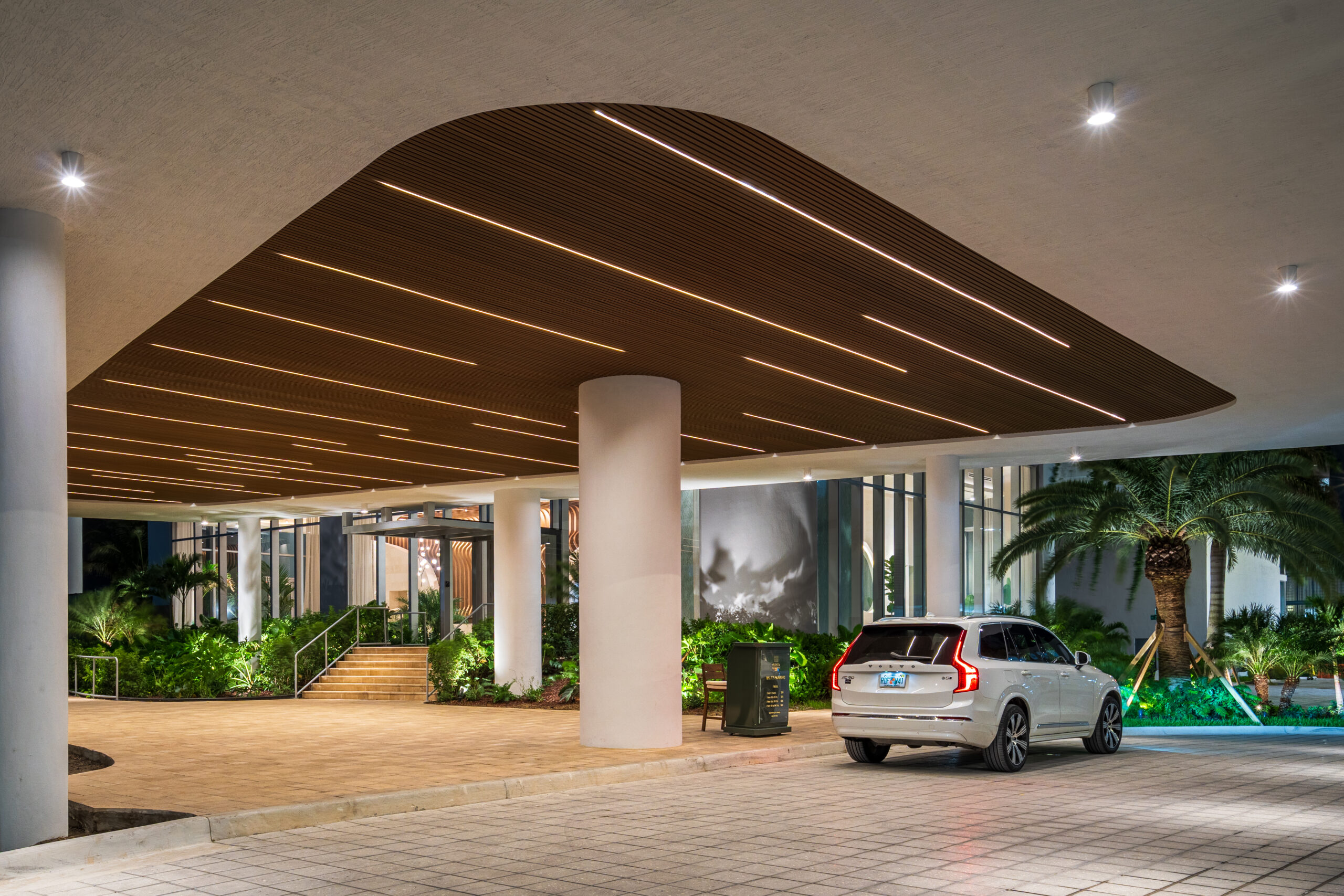 Aria Reserve Miami Unit 5206 covered drop off entrance at night